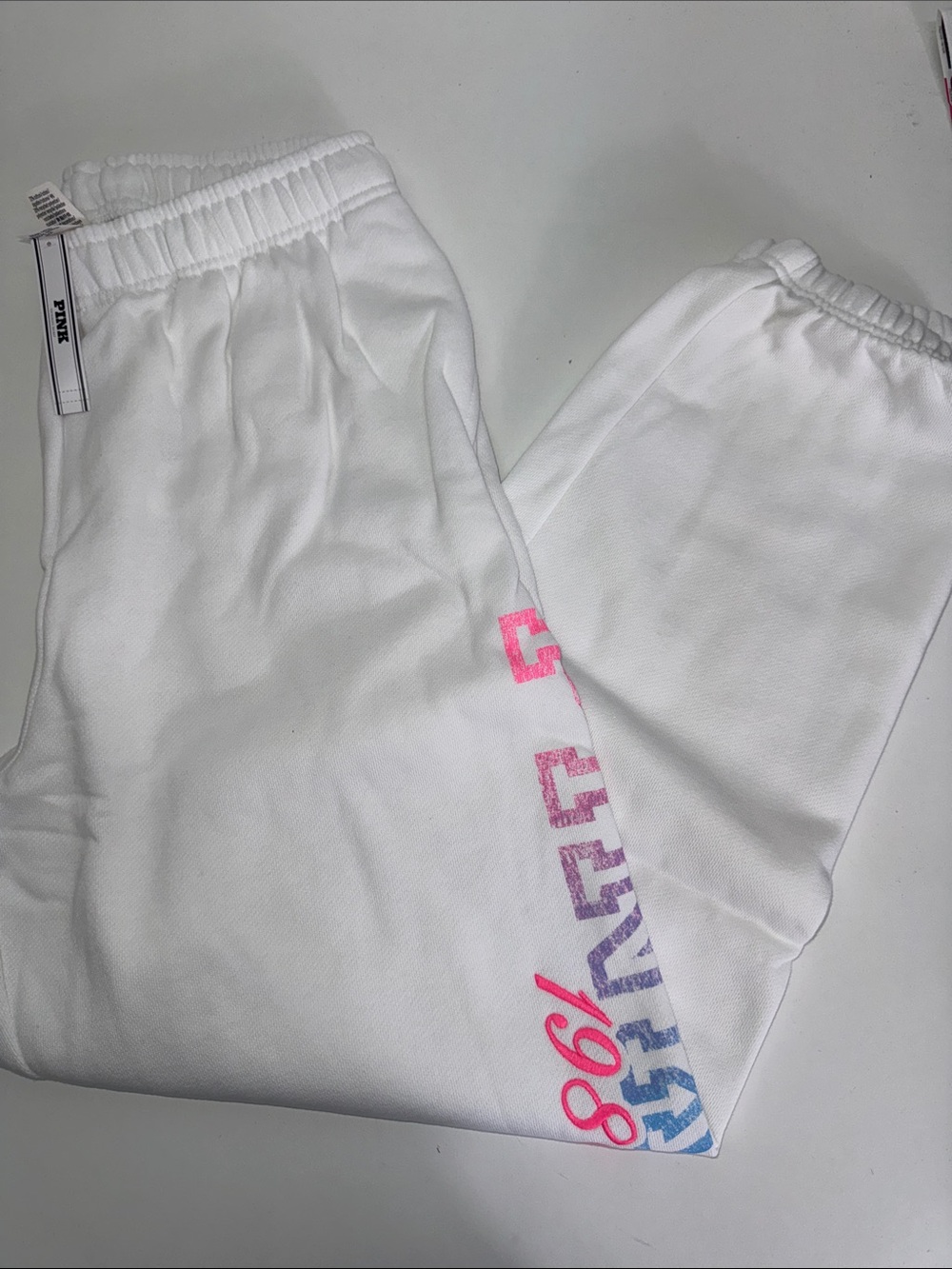PINK Victoria's Secret White Sweatpants 1986 Logo Sz M NWT